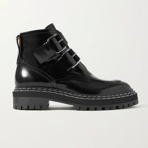 NEW Proenza Schouler Buckled Glossed Leather Ankle Boots